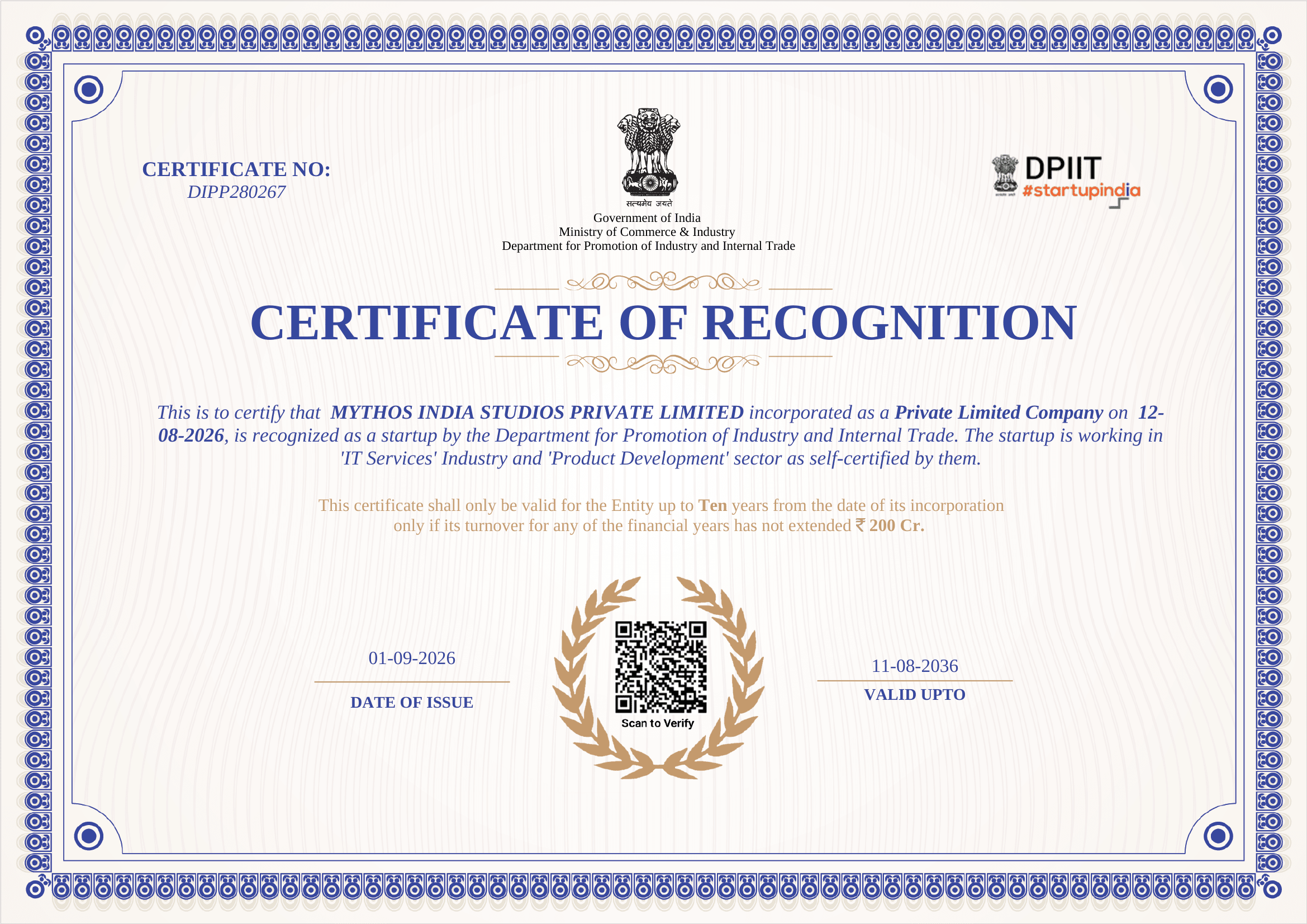 DPIIT Startup Recognition Certificate of Mythos India Studios Private Limited