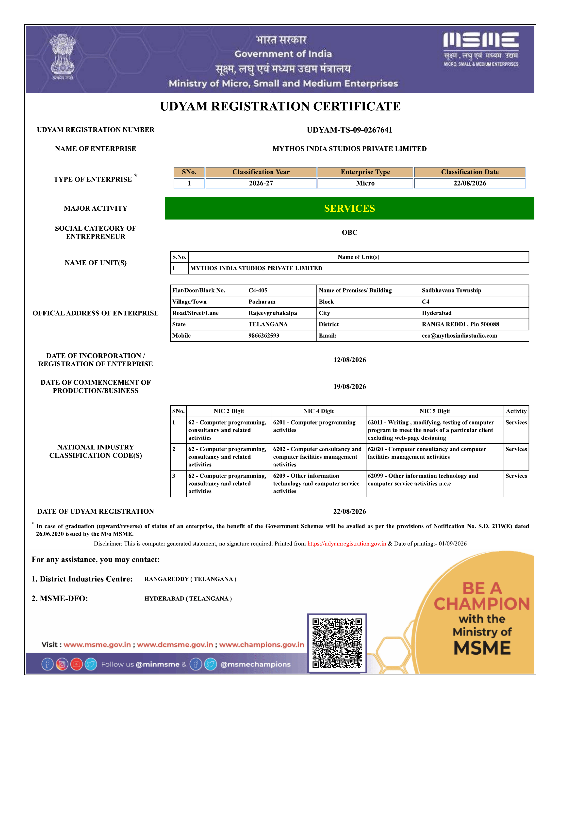 MSME Udyam Registration Certificate of Mythos India Studios Private Limited